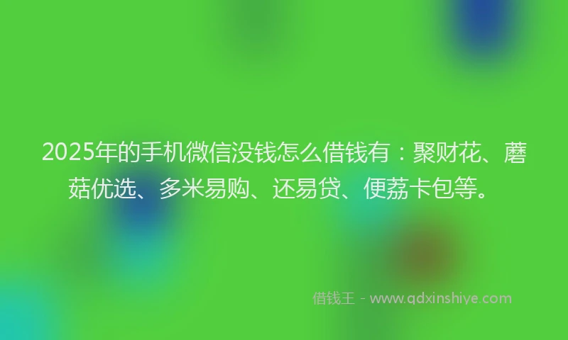 2025年的手机微信没钱怎么借钱有：聚财花、蘑菇优选、多米易购、还易贷、便荔卡包等。