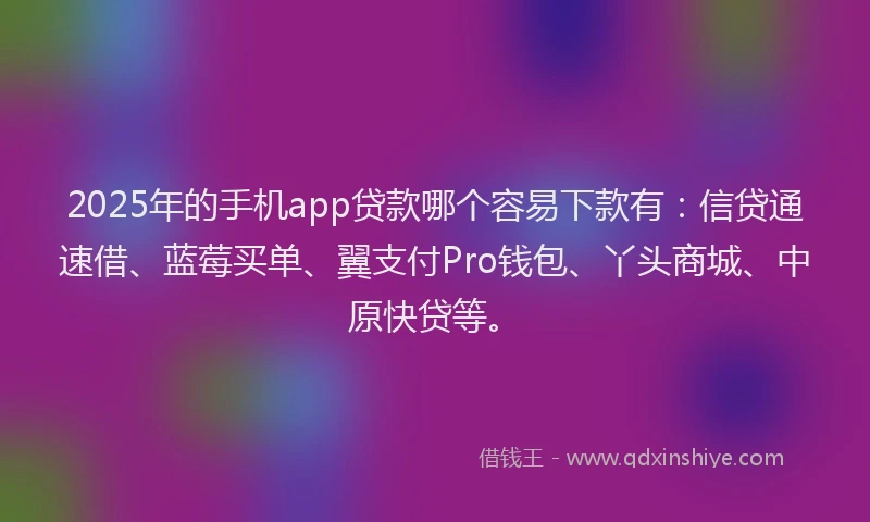 2025年的手机app贷款哪个容易下款有：信贷通速借、蓝莓买单、翼支付Pro钱包、丫头商城、中原快贷等。