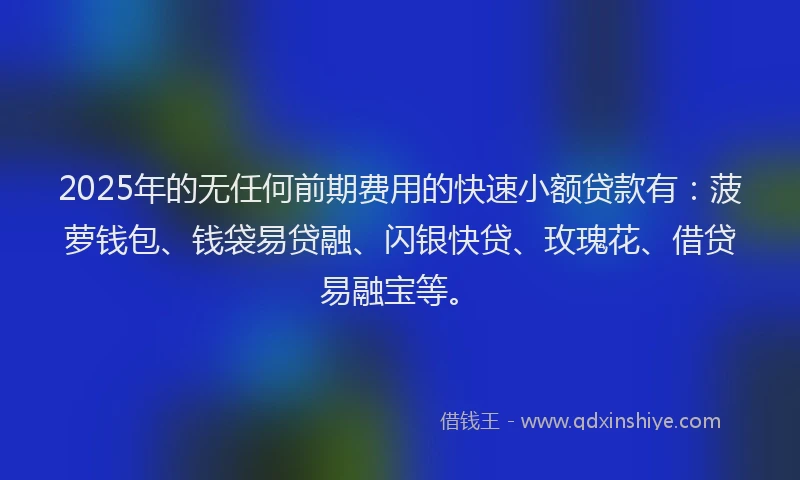 2025年的无任何前期费用的快速小额贷款有：菠萝钱包、钱袋易贷融、闪银快贷、玫瑰花、借贷易融宝等。