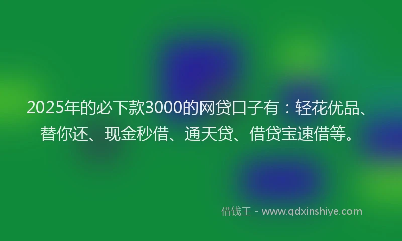 2025年的必下款3000的网贷口子有：轻花优品、替你还、现金秒借、通天贷、借贷宝速借等。