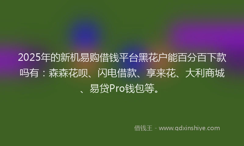 2025年的新机易购借钱平台黑花户能百分百下款吗有：森森花呗、闪电借款、享来花、大利商城、易贷Pro钱包等。