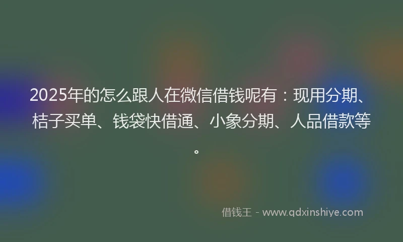 2025年的怎么跟人在微信借钱呢有：现用分期、桔子买单、钱袋快借通、小象分期、人品借款等。