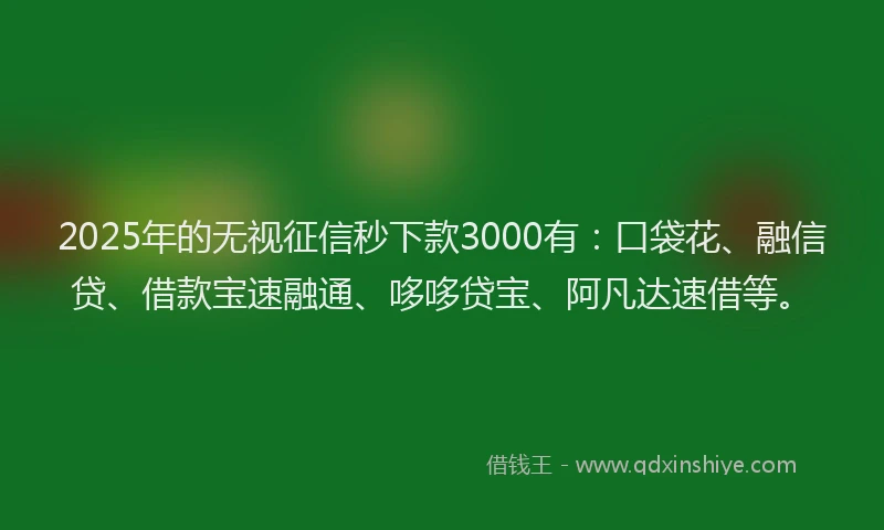 2025年的无视征信秒下款3000有：口袋花、融信贷、借款宝速融通、哆哆贷宝、阿凡达速借等。