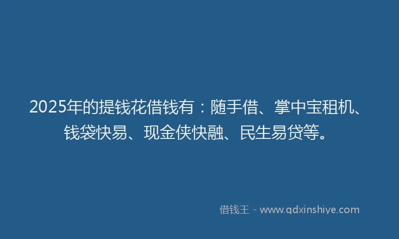 2025年的提钱花借钱有：随手借、掌中宝租机、钱袋快易、现金侠快融、民生易贷等。