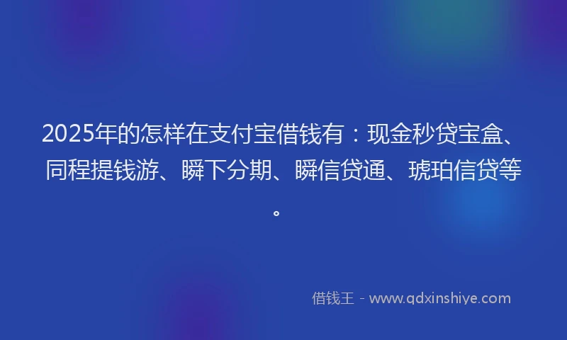 2025年的怎样在支付宝借钱有：现金秒贷宝盒、同程提钱游、瞬下分期、瞬信贷通、琥珀信贷等。
