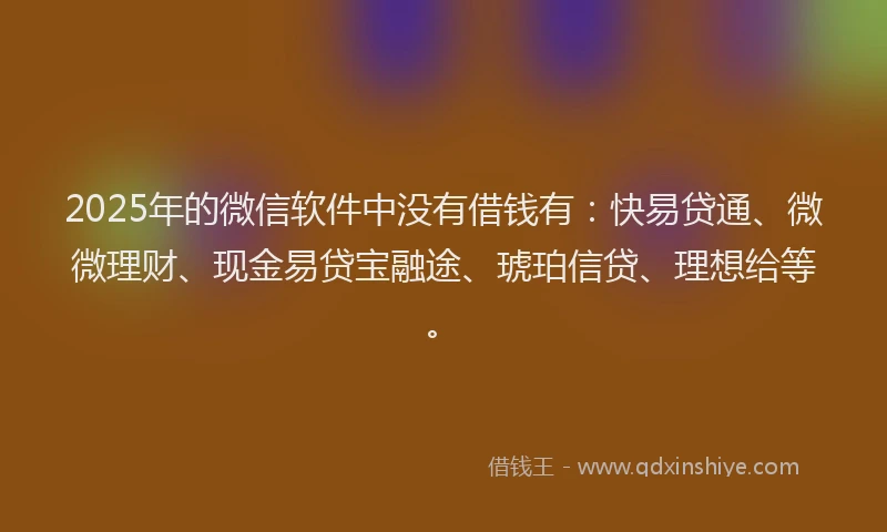 2025年的微信软件中没有借钱有：快易贷通、微微理财、现金易贷宝融途、琥珀信贷、理想给等。