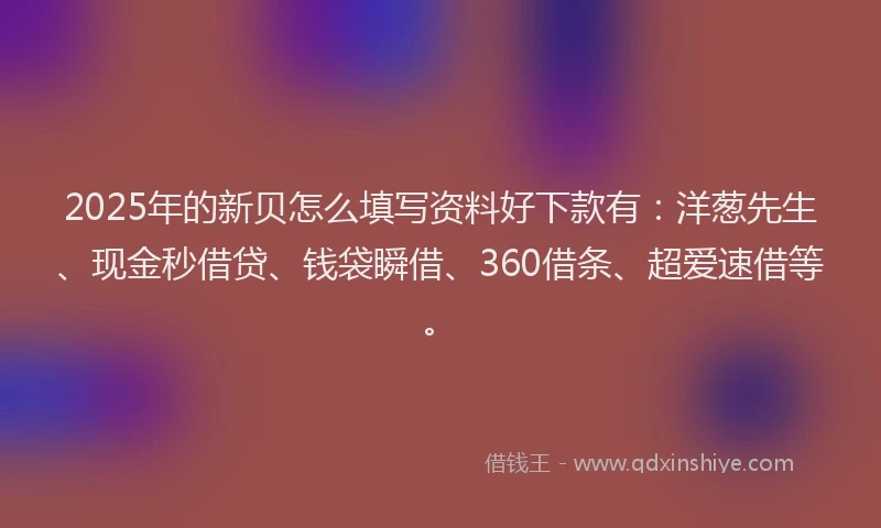 2025年的新贝怎么填写资料好下款有：洋葱先生、现金秒借贷、钱袋瞬借、360借条、超爱速借等。