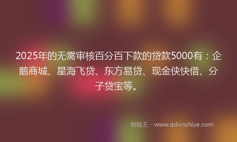 2025年的无需审核百分百下款的贷款5000有：企鹅商城、星海飞贷、东方易贷、现金侠快借、分子贷宝等。