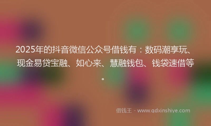 2025年的抖音微信公众号借钱有：数码潮享玩、现金易贷宝融、如心来、慧融钱包、钱袋速借等。