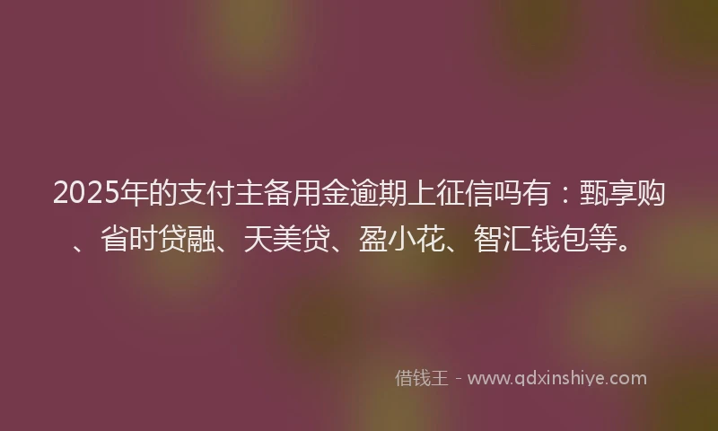 2025年的支付主备用金逾期上征信吗有：甄享购、省时贷融、天美贷、盈小花、智汇钱包等。