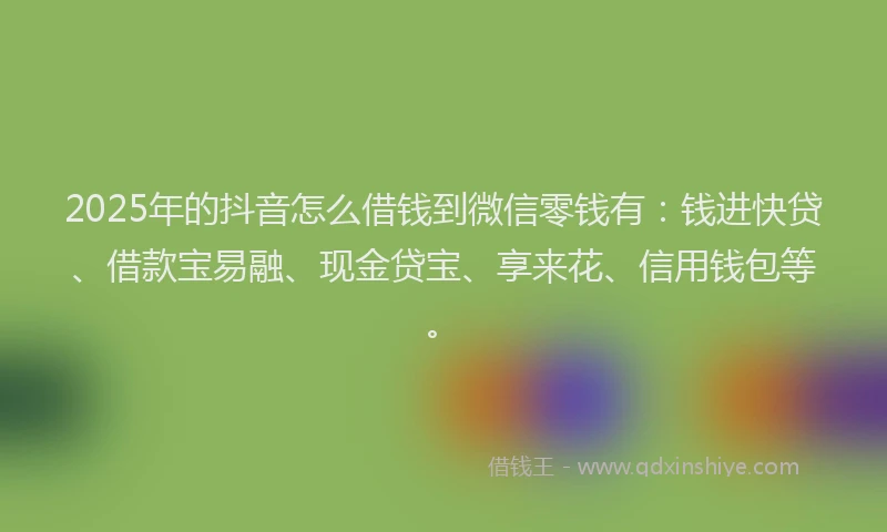 2025年的抖音怎么借钱到微信零钱有：钱进快贷、借款宝易融、现金贷宝、享来花、信用钱包等。