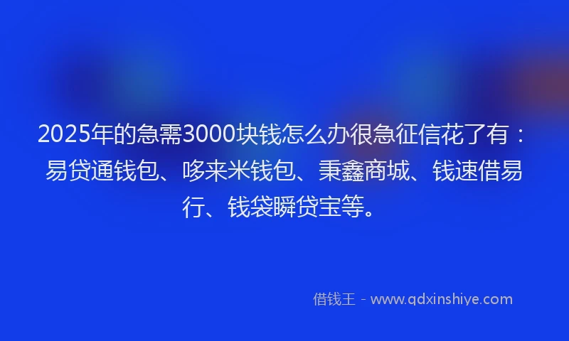 2025年的急需3000块钱怎么办很急征信花了有：易贷通钱包、哆来米钱包、秉鑫商城、钱速借易行、钱袋瞬贷宝等。