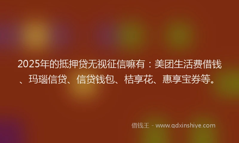 2025年的抵押贷无视征信嘛有：美团生活费借钱、玛瑙信贷、信贷钱包、桔享花、惠享宝券等。