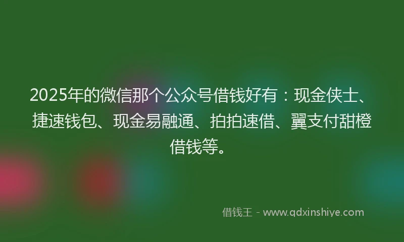 2025年的微信那个公众号借钱好有：现金侠士、捷速钱包、现金易融通、拍拍速借、翼支付甜橙借钱等。