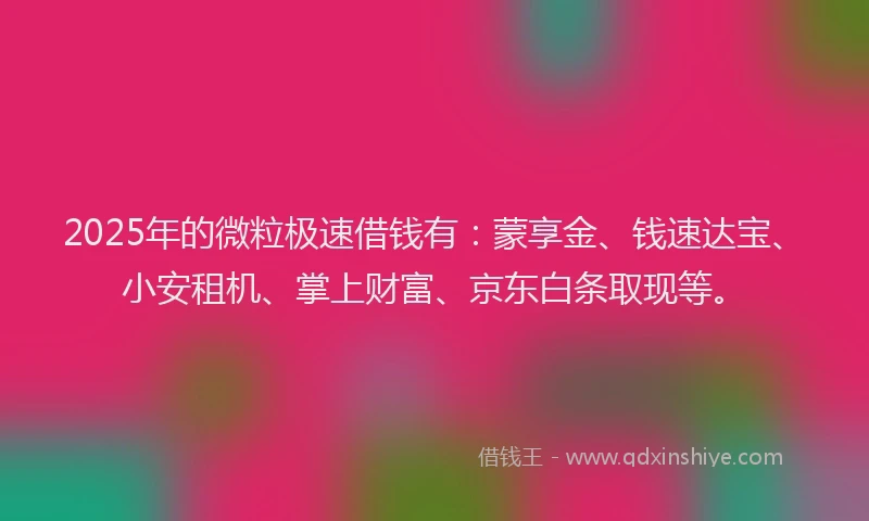 2025年的微粒极速借钱有：蒙享金、钱速达宝、小安租机、掌上财富、京东白条取现等。