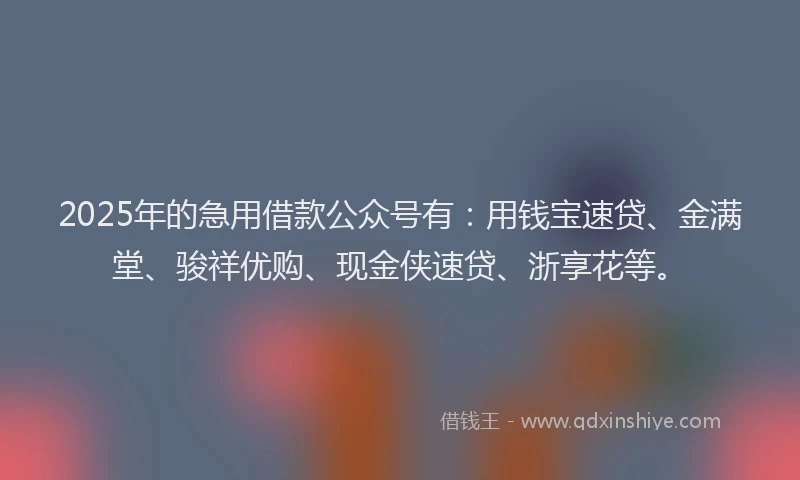 2025年的急用借款公众号有：用钱宝速贷、金满堂、骏祥优购、现金侠速贷、浙享花等。