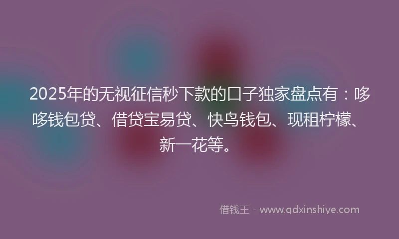 2025年的无视征信秒下款的口子独家盘点有：哆哆钱包贷、借贷宝易贷、快鸟钱包、现租柠檬、新一花等。