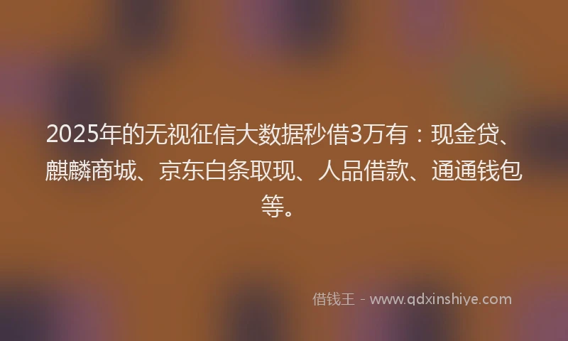 2025年的无视征信大数据秒借3万有：现金贷、麒麟商城、京东白条取现、人品借款、通通钱包等。
