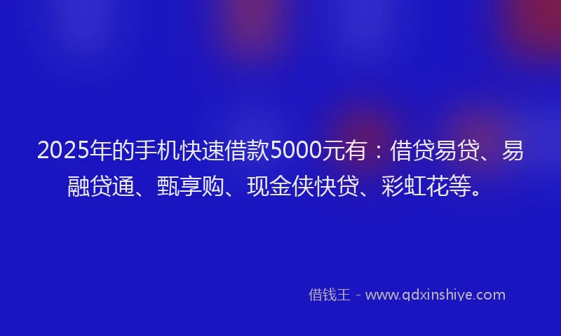 2025年的手机快速借款5000元有：借贷易贷、易融贷通、甄享购、现金侠快贷、彩虹花等。