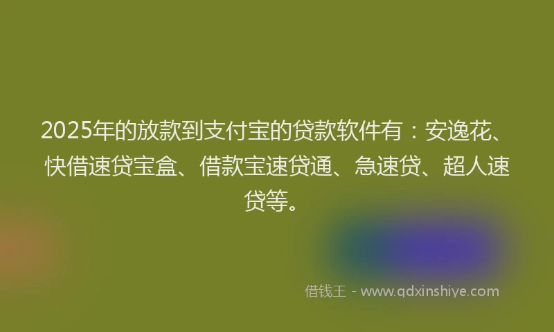 2025年的放款到支付宝的贷款软件有：安逸花、快借速贷宝盒、借款宝速贷通、急速贷、超人速贷等。
