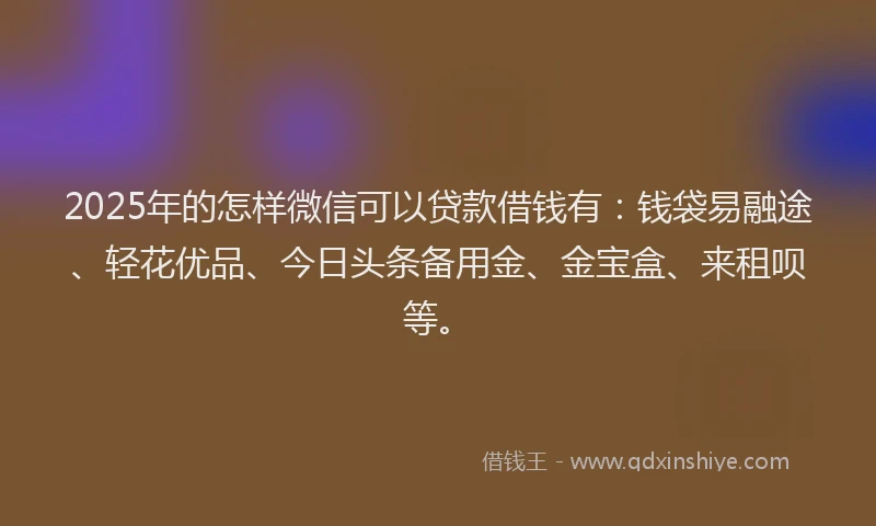 2025年的怎样微信可以贷款借钱有：钱袋易融途、轻花优品、今日头条备用金、金宝盒、来租呗等。
