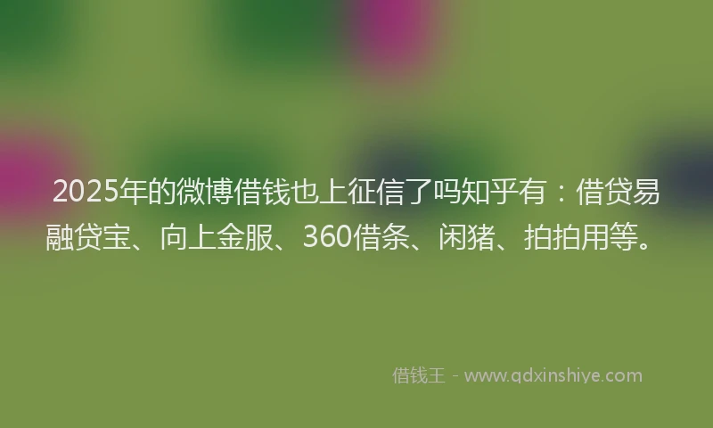 2025年的微博借钱也上征信了吗知乎有：借贷易融贷宝、向上金服、360借条、闲猪、拍拍用等。