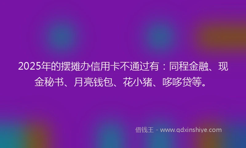 2025年的摆摊办信用卡不通过有：同程金融、现金秘书、月亮钱包、花小猪、哆哆贷等。