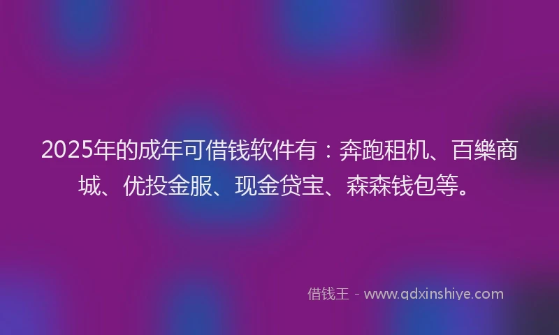 2025年的成年可借钱软件有：奔跑租机、百樂商城、优投金服、现金贷宝、森森钱包等。