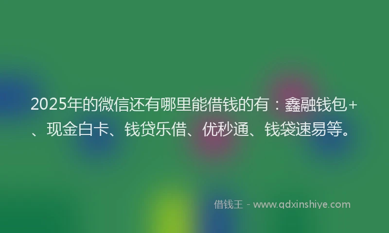 2025年的微信还有哪里能借钱的有：鑫融钱包+、现金白卡、钱贷乐借、优秒通、钱袋速易等。