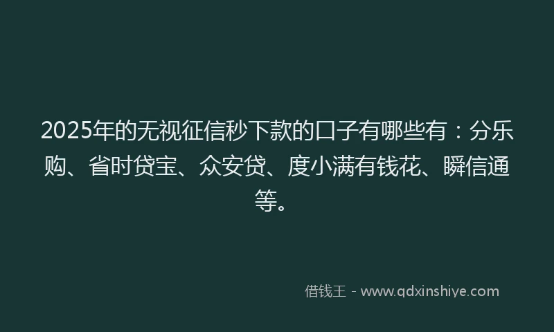 2025年的无视征信秒下款的口子有哪些有：分乐购、省时贷宝、众安贷、度小满有钱花、瞬信通等。