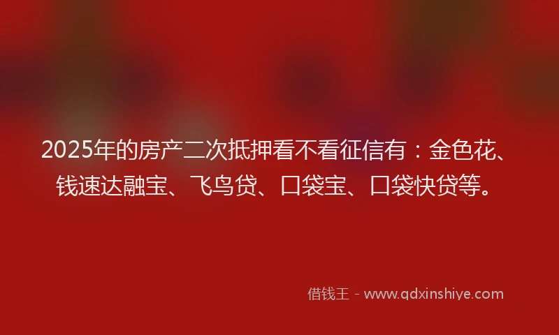 2025年的房产二次抵押看不看征信有：金色花、钱速达融宝、飞鸟贷、口袋宝、口袋快贷等。