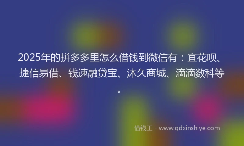 2025年的拼多多里怎么借钱到微信有：宜花呗、捷信易借、钱速融贷宝、沐久商城、滴滴数科等。