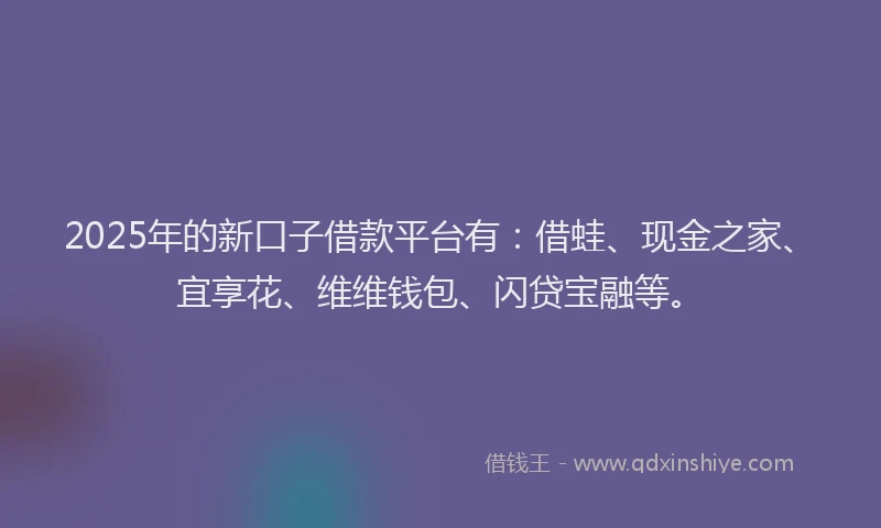 2025年的新口子借款平台有：借蛙、现金之家、宜享花、维维钱包、闪贷宝融等。
