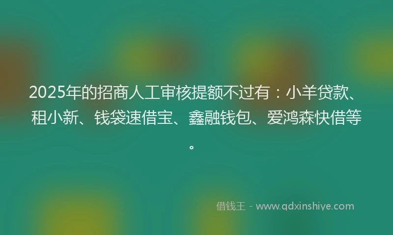 2025年的招商人工审核提额不过有：小羊贷款、租小新、钱袋速借宝、鑫融钱包、爱鸿森快借等。