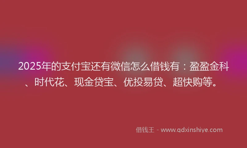 2025年的支付宝还有微信怎么借钱有：盈盈金科、时代花、现金贷宝、优投易贷、超快购等。