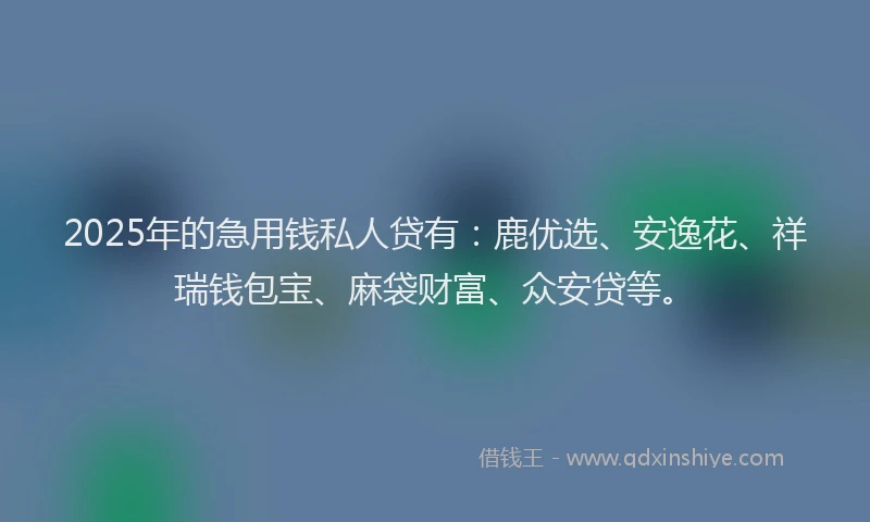 2025年的急用钱私人贷有：鹿优选、安逸花、祥瑞钱包宝、麻袋财富、众安贷等。