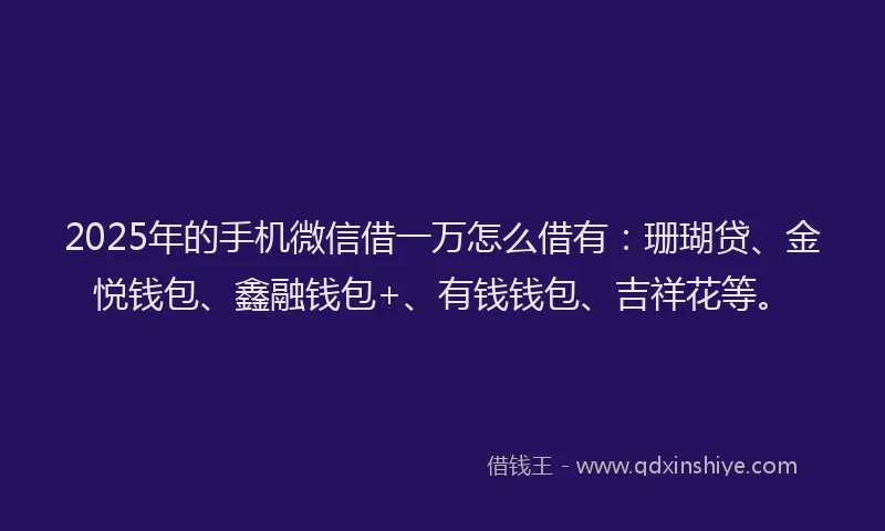 2025年的手机微信借一万怎么借有：珊瑚贷、金悦钱包、鑫融钱包+、有钱钱包、吉祥花等。