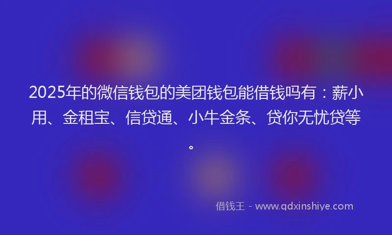 2025年的微信钱包的美团钱包能借钱吗有：薪小用、金租宝、信贷通、小牛金条、贷你无忧贷等。