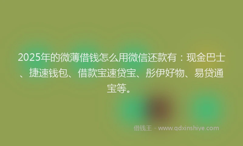 2025年的微薄借钱怎么用微信还款有：现金巴士、捷速钱包、借款宝速贷宝、彤伊好物、易贷通宝等。