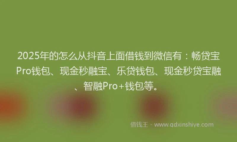 2025年的怎么从抖音上面借钱到微信有：畅贷宝Pro钱包、现金秒融宝、乐贷钱包、现金秒贷宝融、智融Pro+钱包等。