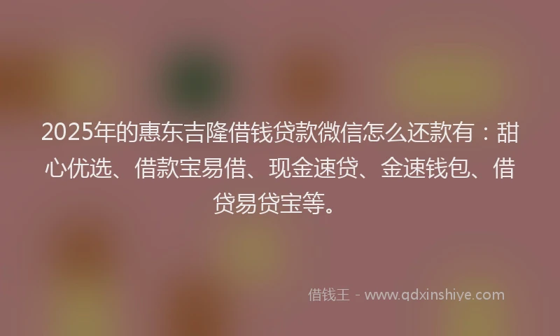 2025年的惠东吉隆借钱贷款微信怎么还款有：甜心优选、借款宝易借、现金速贷、金速钱包、借贷易贷宝等。