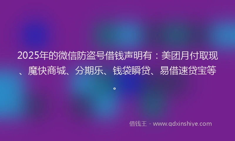 2025年的微信防盗号借钱声明有：美团月付取现、魔快商城、分期乐、钱袋瞬贷、易借速贷宝等。
