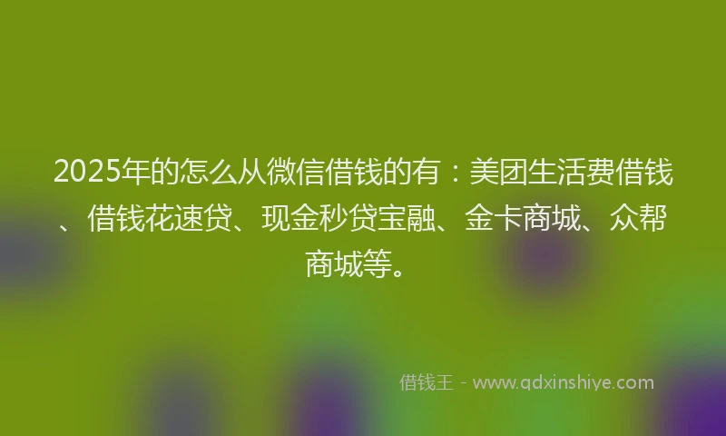 2025年的怎么从微信借钱的有：美团生活费借钱、借钱花速贷、现金秒贷宝融、金卡商城、众帮商城等。