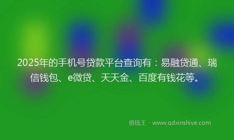 2025年的手机号贷款平台查询有：易融贷通、瑞信钱包、e微贷、天天金、百度有钱花等。