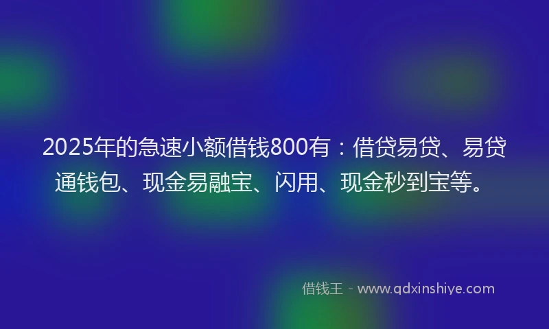 2025年的急速小额借钱800有：借贷易贷、易贷通钱包、现金易融宝、闪用、现金秒到宝等。