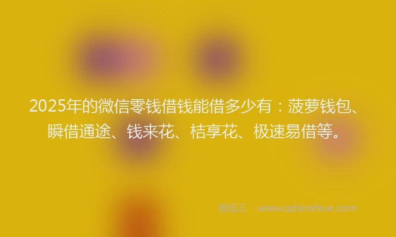 2025年的微信零钱借钱能借多少有：菠萝钱包、瞬借通途、钱来花、桔享花、极速易借等。