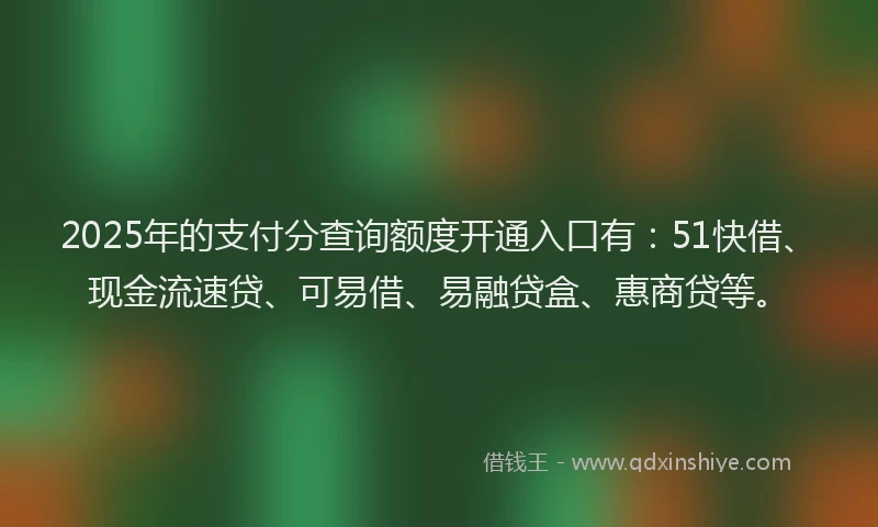 2025年的支付分查询额度开通入口有：51快借、现金流速贷、可易借、易融贷盒、惠商贷等。