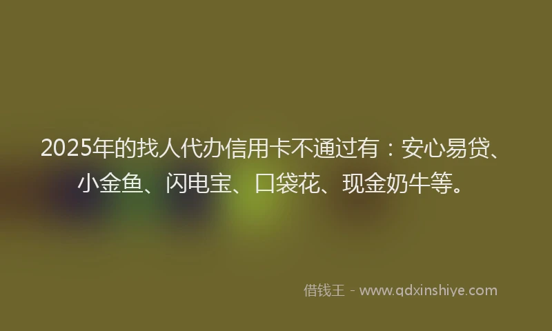 2025年的找人代办信用卡不通过有：安心易贷、小金鱼、闪电宝、口袋花、现金奶牛等。
