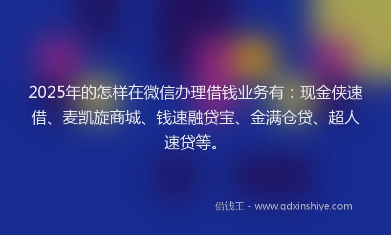 2025年的怎样在微信办理借钱业务有：现金侠速借、麦凯旋商城、钱速融贷宝、金满仓贷、超人速贷等。