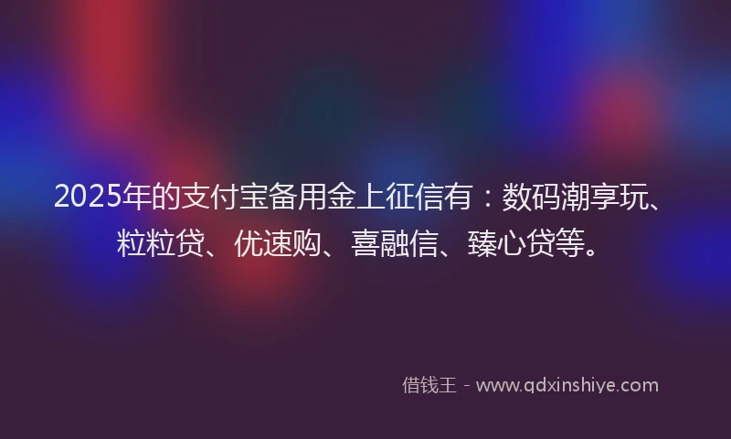 2025年的支付宝备用金上征信有：数码潮享玩、粒粒贷、优速购、喜融信、臻心贷等。